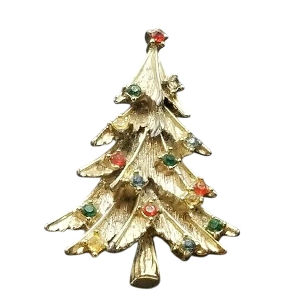 Vintage Brooch Pin Gold Tone Rhinestone Multicolored Christmas Tree, Gift Box
